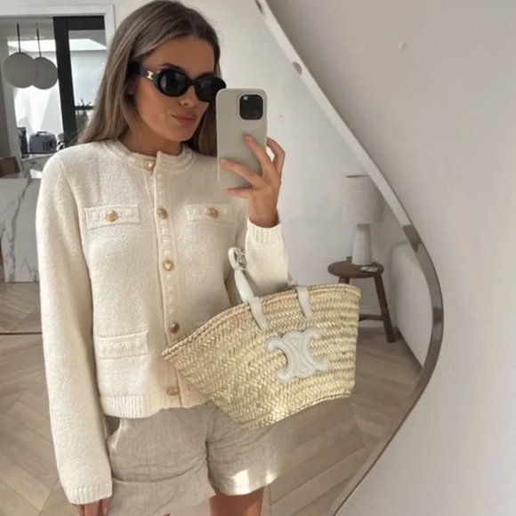 NEW Gold Button Tweed Textured Knit Sweater Cardigan Jacket - Cream Ivory - Picture 5 of 14